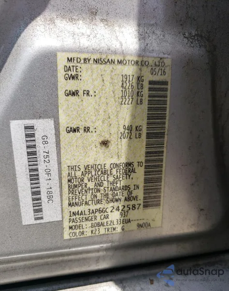 2016 Nissan Altima 2.5 from USA, damaged, VIN 1N4AL3AP6GC242587